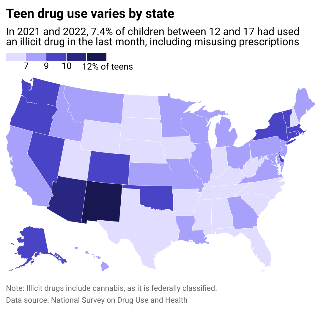 A map showing how teen drug use varies by state.