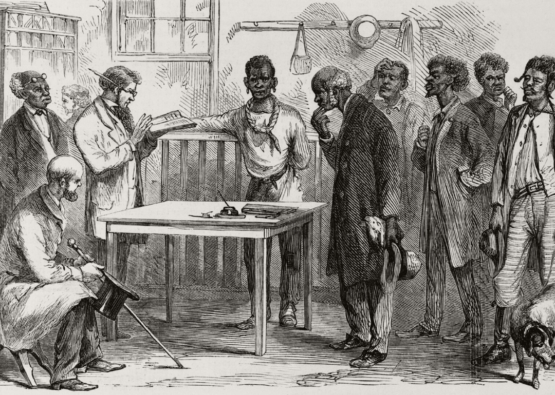 Illustration of freedmen at a voter registration office in Georgia.