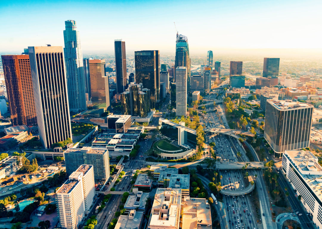 Aerial view downtown Los Angeles at sunset.