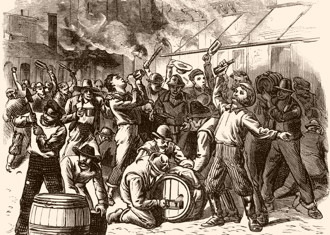 An illustration of rioters distributing stolen whisky.
