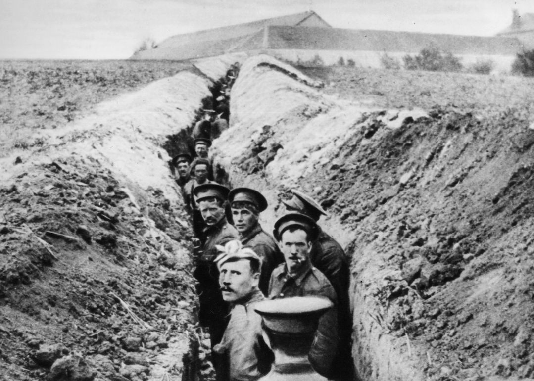 British soldiers lined up in a narrow trench during World War I, on October 28, 1914.