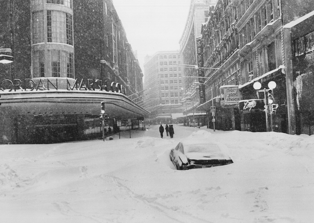 Business in downtown Boston's shopping district is ground to a halt during Blizzard of '78.