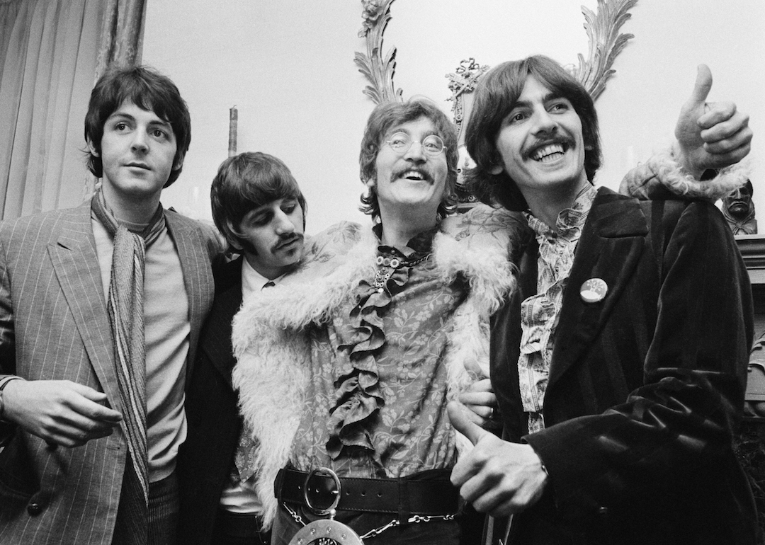 The Beatles—from left, Paul McCartney, Ringo Starr, John Lennon, and George Harrison—at the press launch for their album 'Sergeant Pepper's Lonely Hearts Club Band', held at Brian Epstein's house at 24 Chapel Street, London, in May 1967.