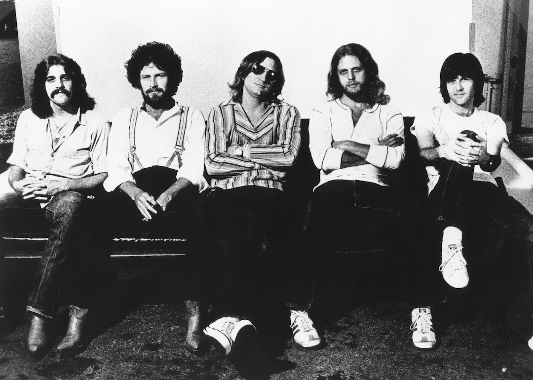 Glenn Frey, Don Henley, Joe Walsh, Don Felder, and Randy Meisner of the Eagles" pose for a portrait in 1976.