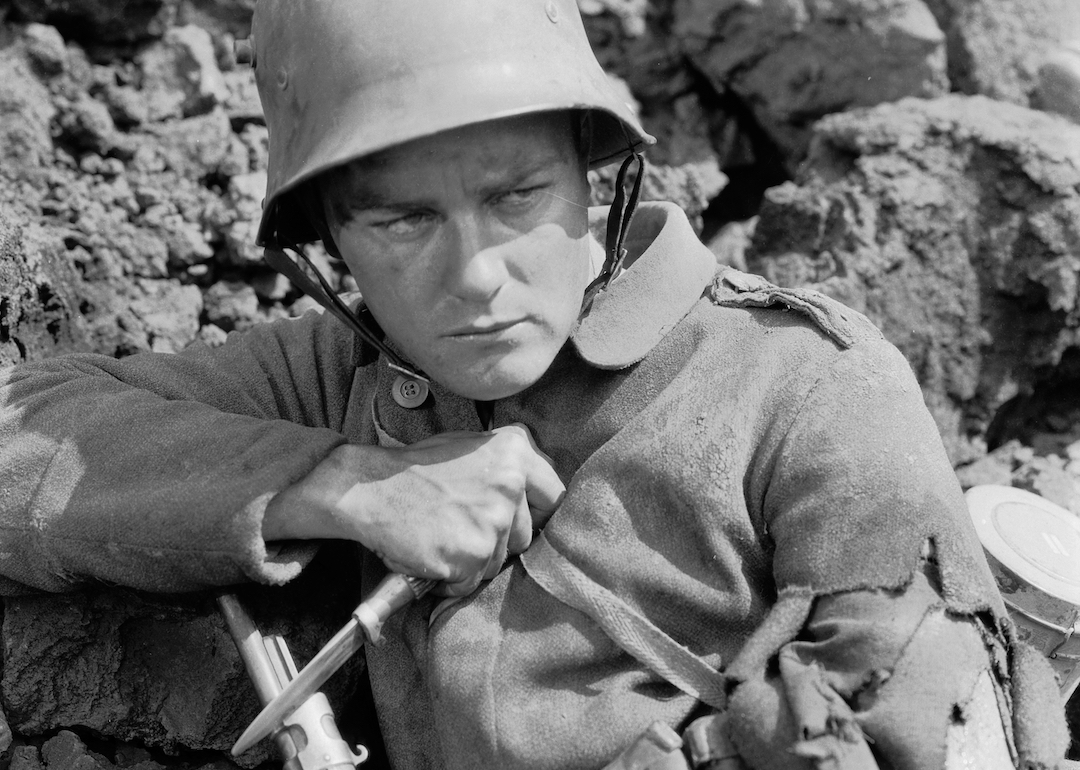 Actor Lew Ayres in uniform as Paul Baumer in a scene from the 1930 movie 'All Quiet on the Western Front.'