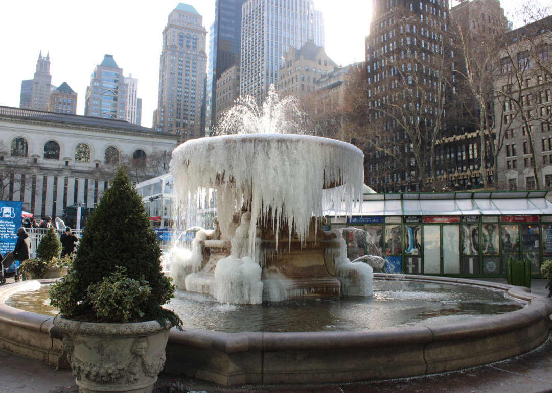 Frozen fountain in Bryant Park in Manhattan in Jan. 2022.