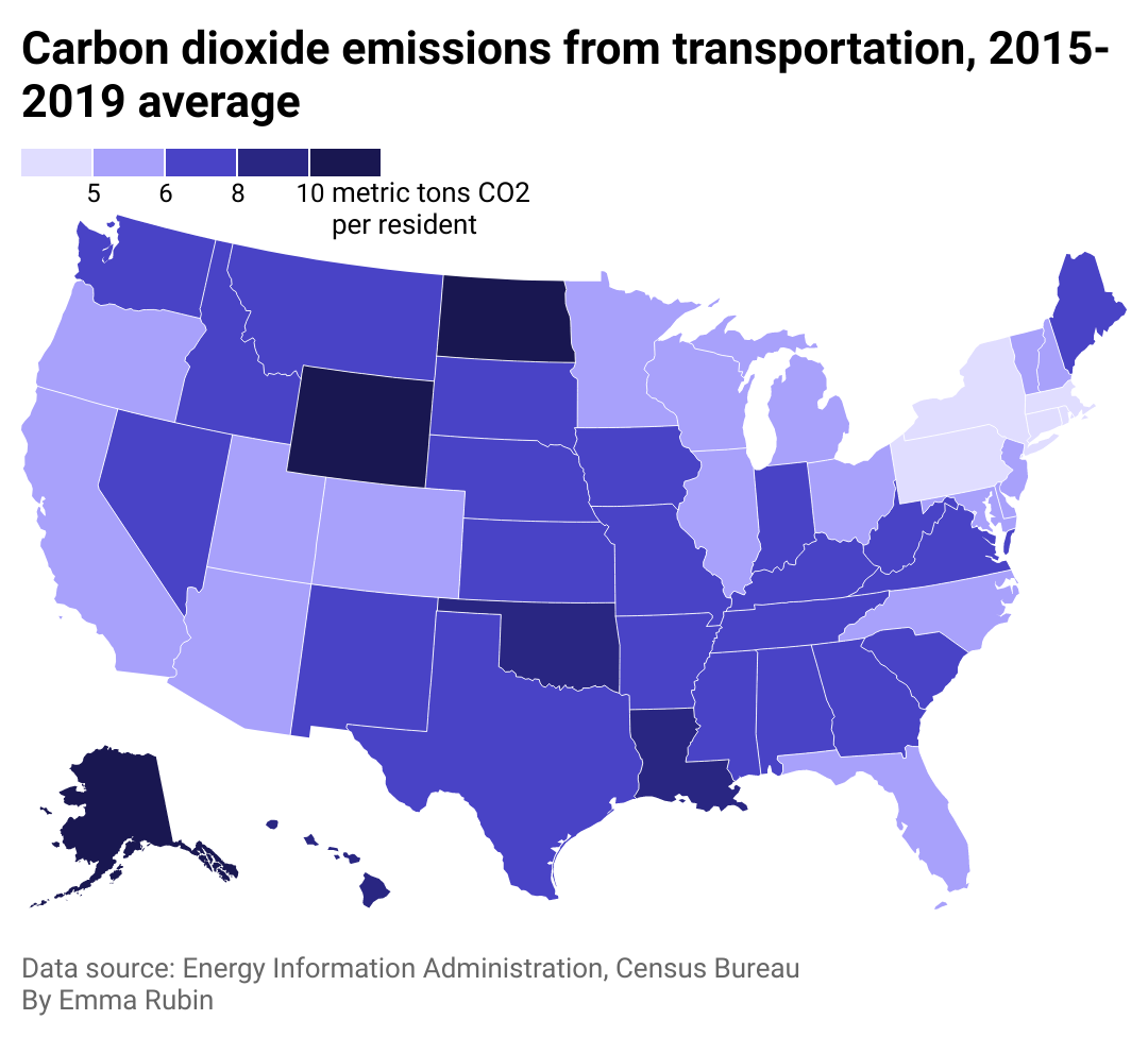Map of U.S. states with transportation emissions per capita.
