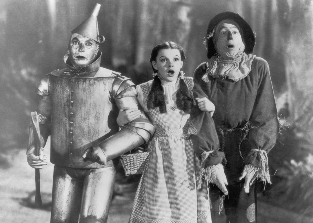 The Tin Man (Jack Haley), Dorothy (Judy Garland), and the Scarecrow (Ray Bolger) look shocked in 'The Wizard of Oz.' 