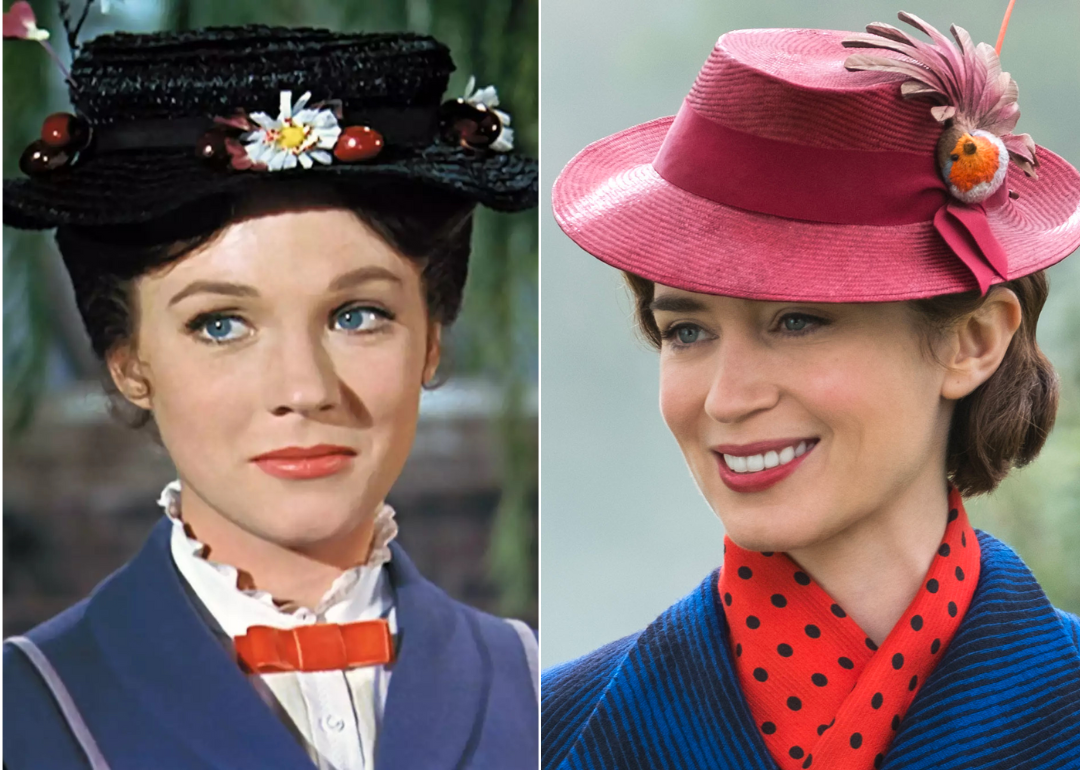 Julie Andrews as Mary Poppins in 'Mary Poppins' and Emily Blunt as Mary Poppins in 'Mary Poppins Returns.'