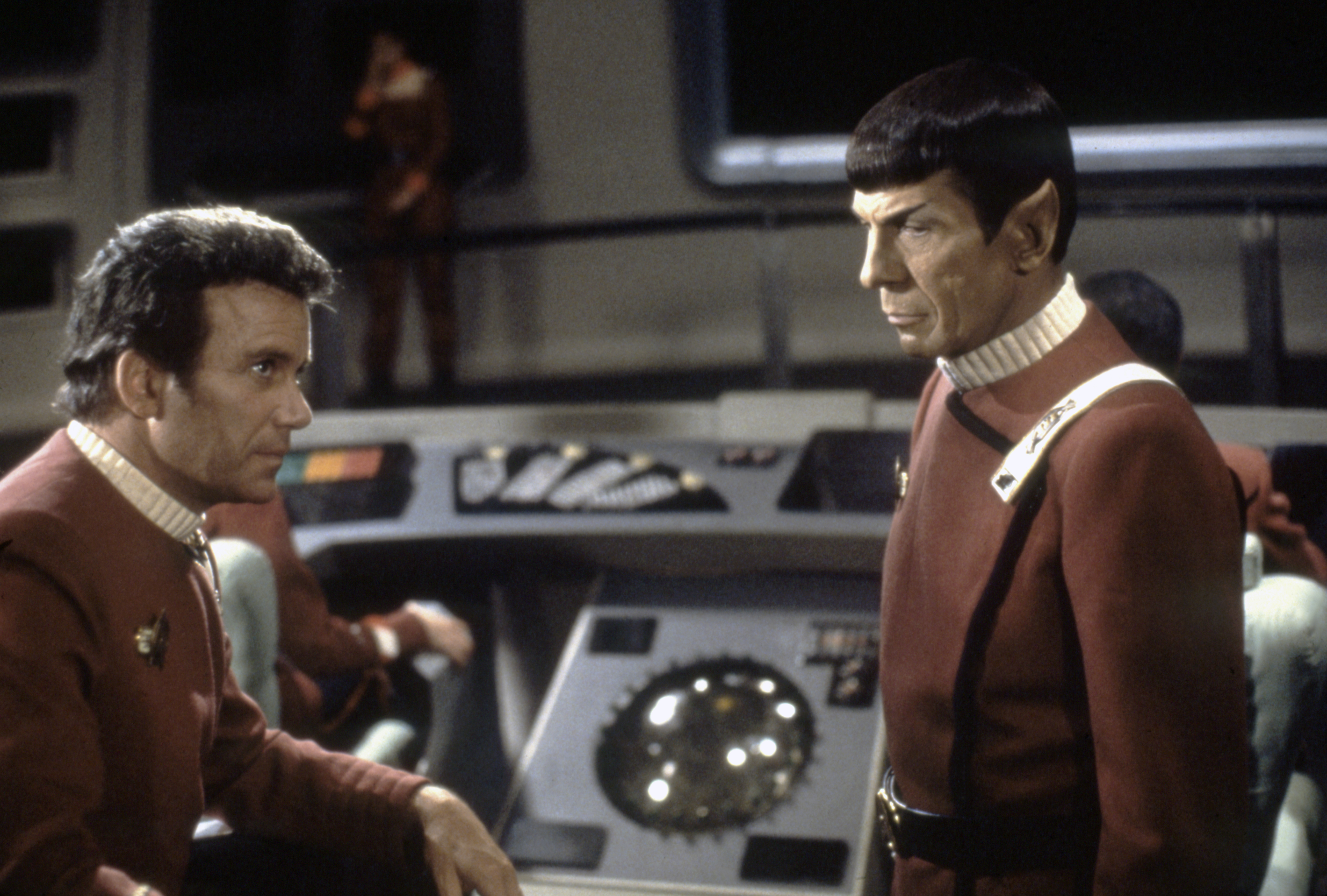 Canadian actor William Shatner and American Leonard Nimoy on the set of Star Trek: The Wrath of Khan, directed by Nicholas Meyer.