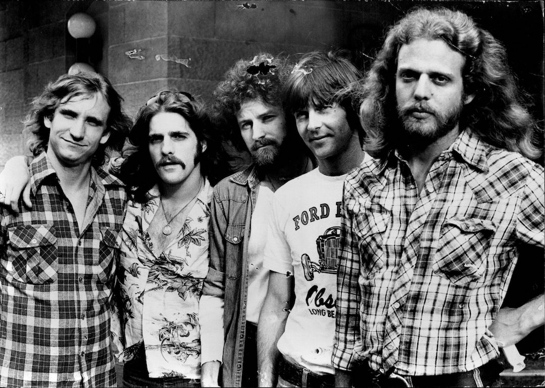 Members of The Eagles in 1976. From left to right: Joe Walsh, Glenn Frey, Don Henley, Randy Meidner, and Don Felder.