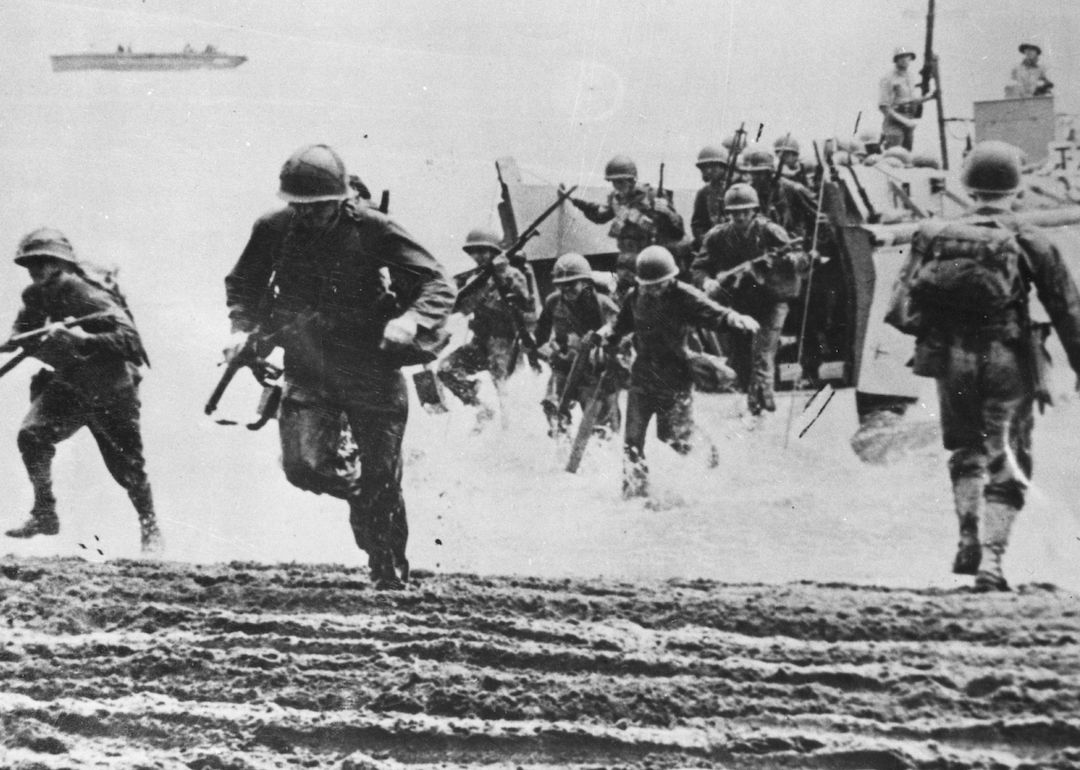 American marines coming ashore from landing craft at Guadalcanal in 1942 during World War II.