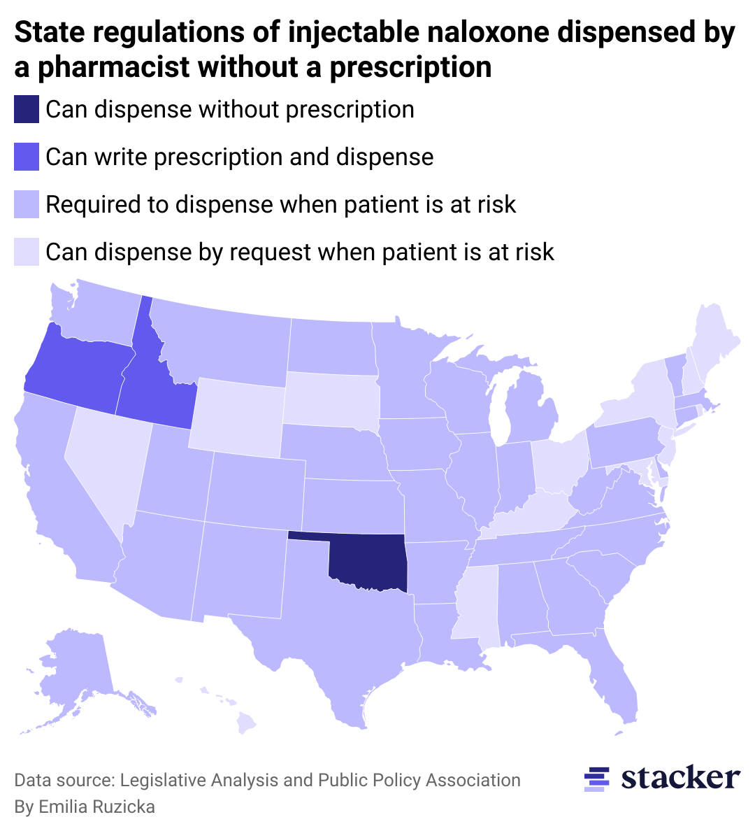 Light colored map with shades of purple delineating various types of regulations on naloxone