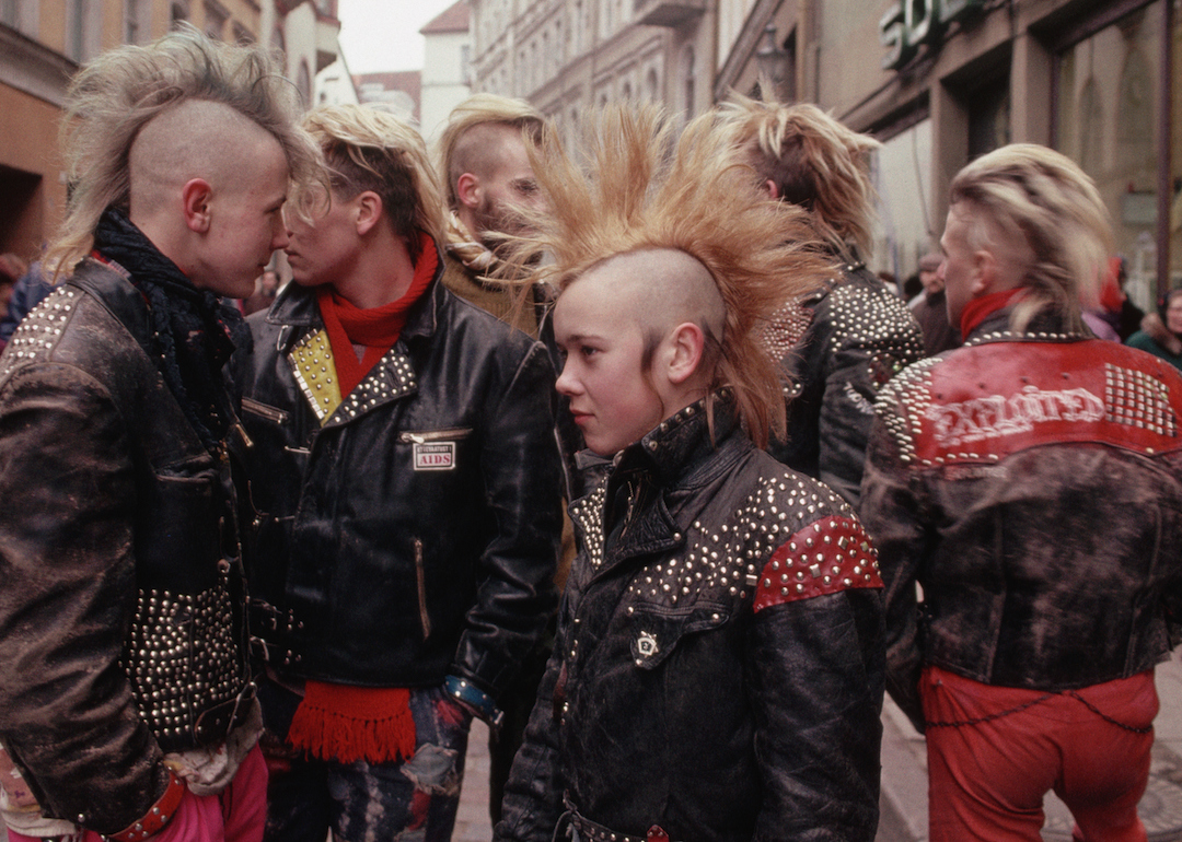 Group of punks with mohawks in the 1980s.