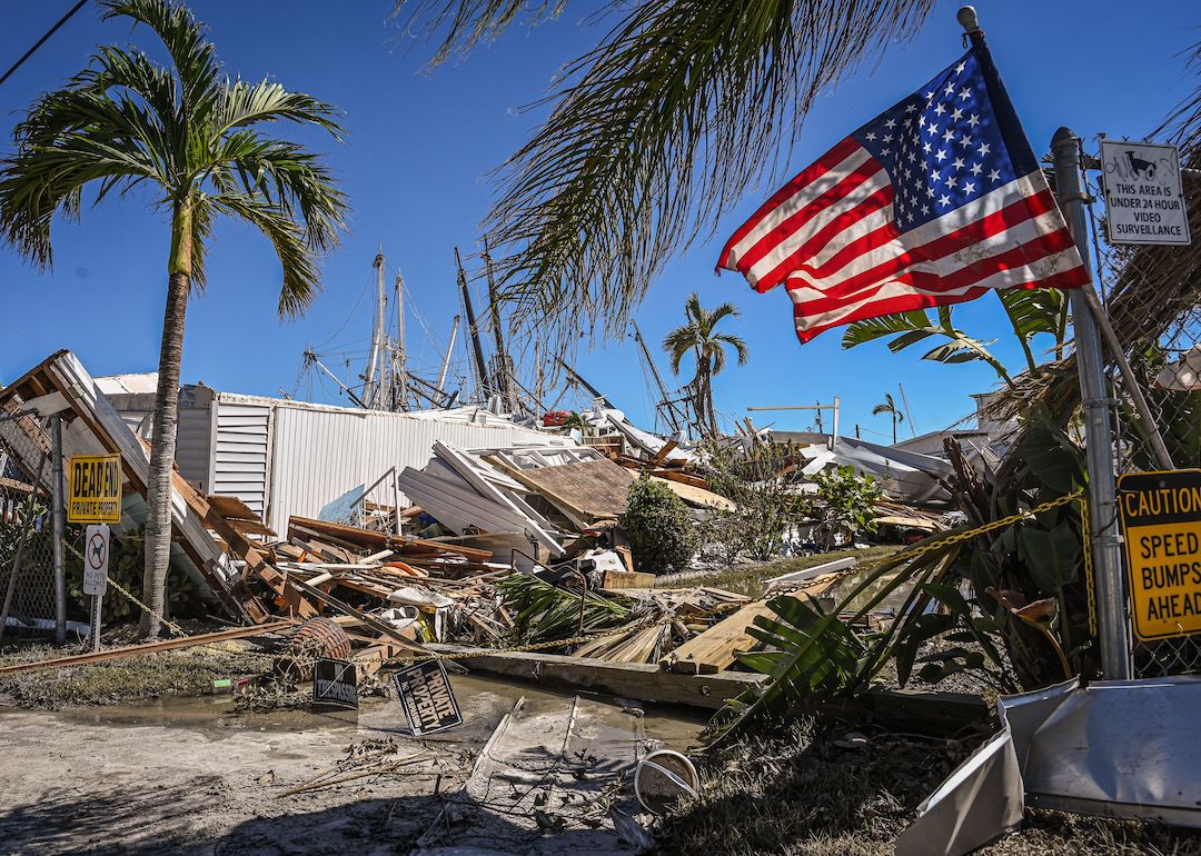 Part of a destroyed mobile home park in the aftermath of Hurricane Ian in Fort Myers Beach, Florida on Sept. 30, 2022.