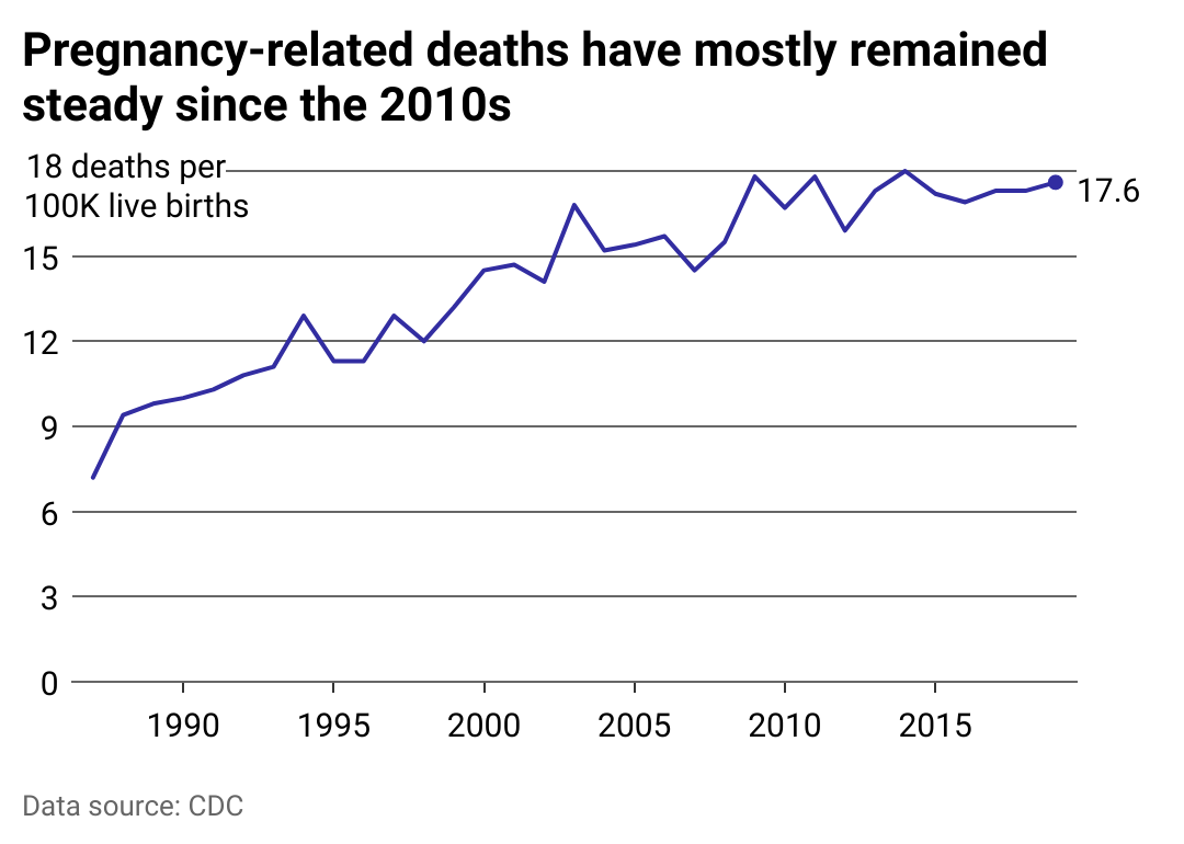 Line chart showing the rate of pregnancy-related deaths over the past 30 years. Since the 2010s, pregnancy-related deaths have mostly remained steady since. 