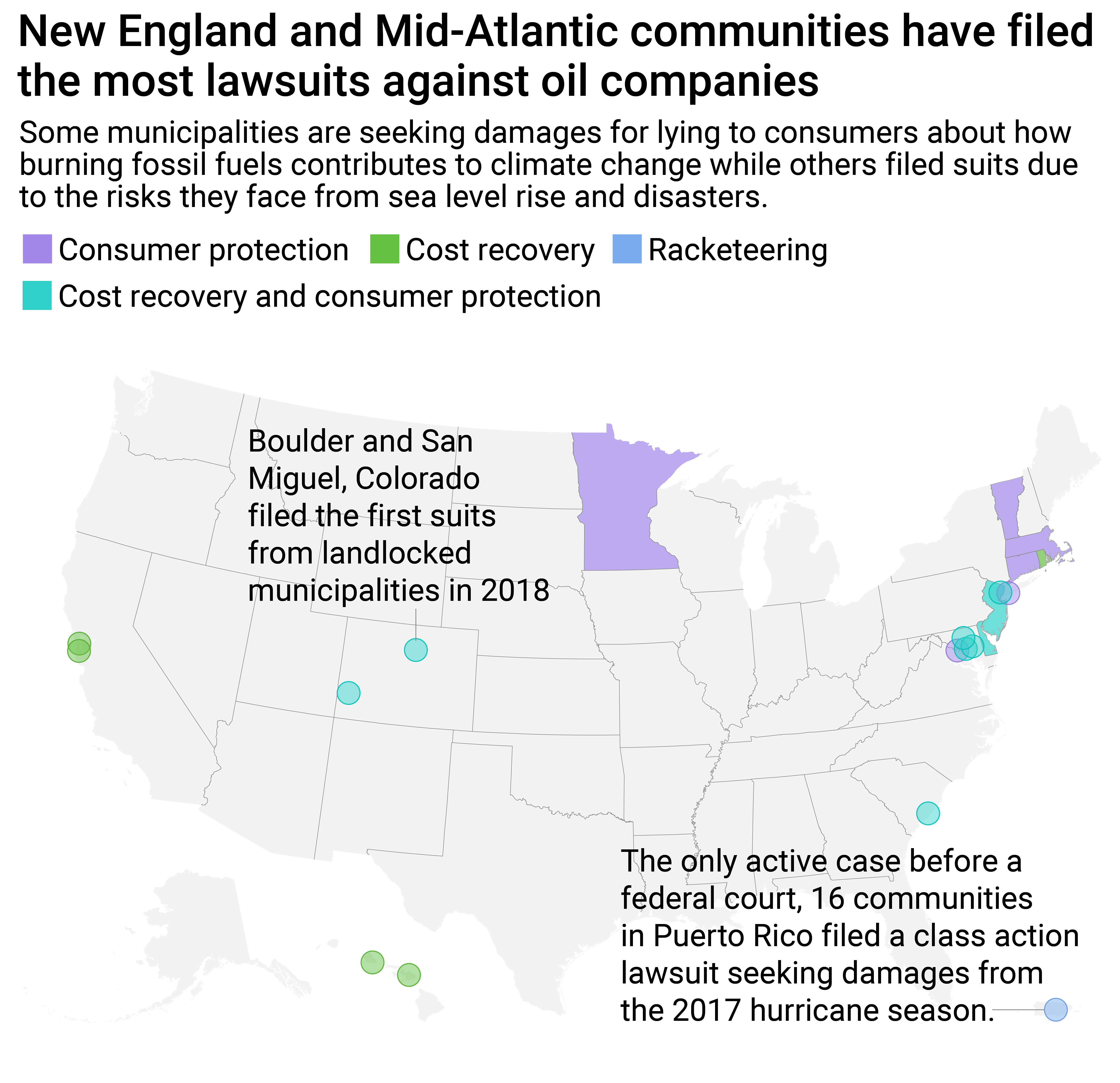 map showing states and local governments currently filing suits against oil companies.