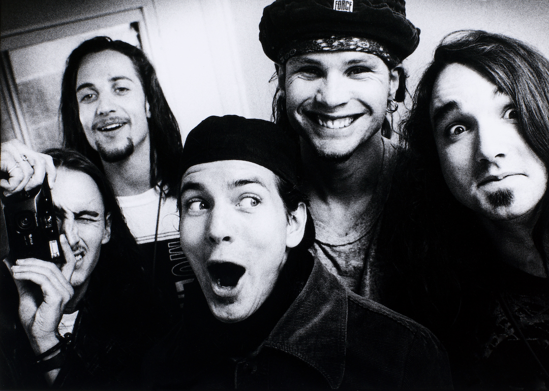 Member of Pearl Jam pose for a selfie. From left: Mike McCready, Stone Gossard, Eddie Vedder, Jeff Ament, and Dave Abbruzzese.