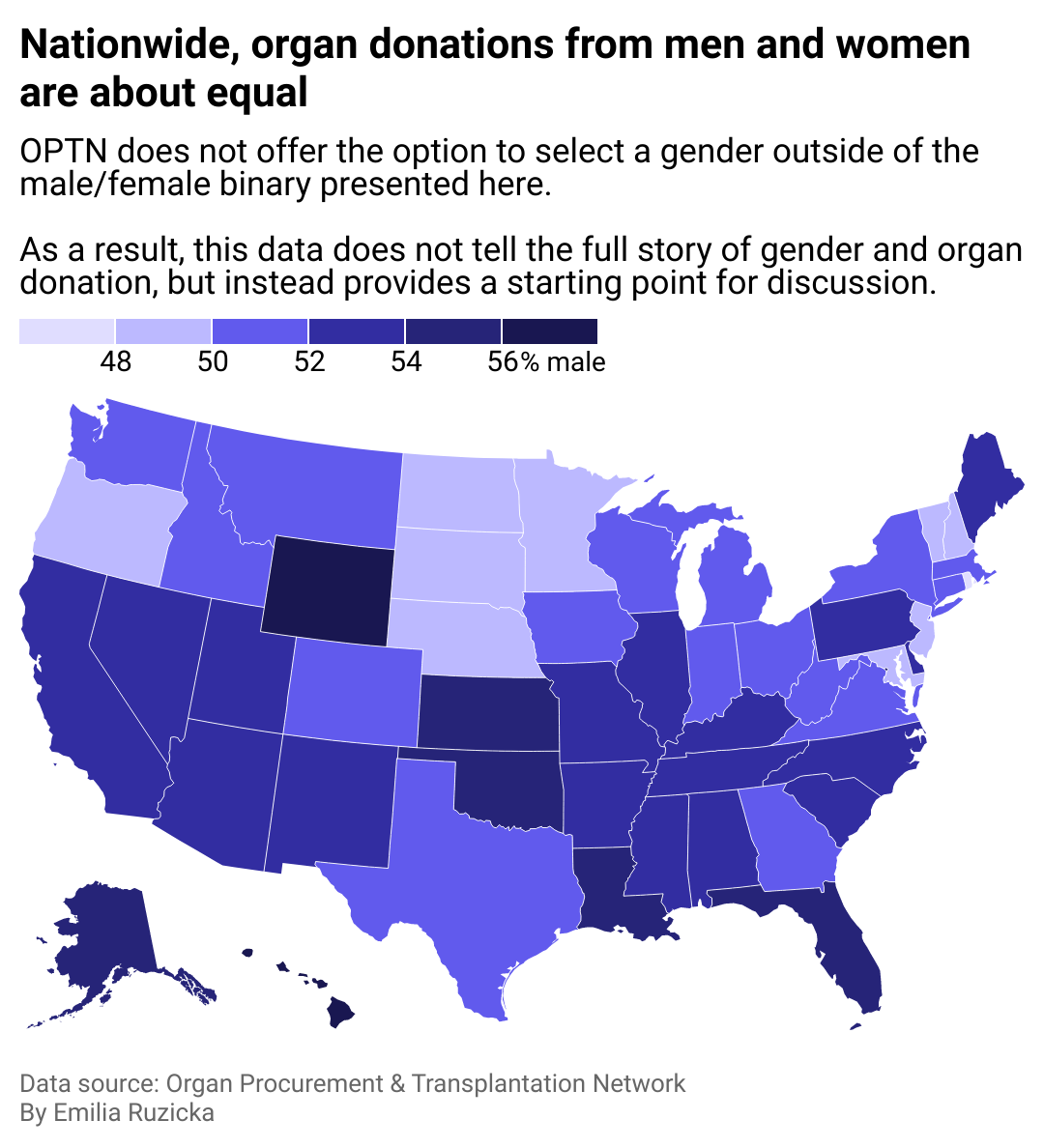 A map of the U.S. showing that nationwide, organ donations are about equal between men and women.