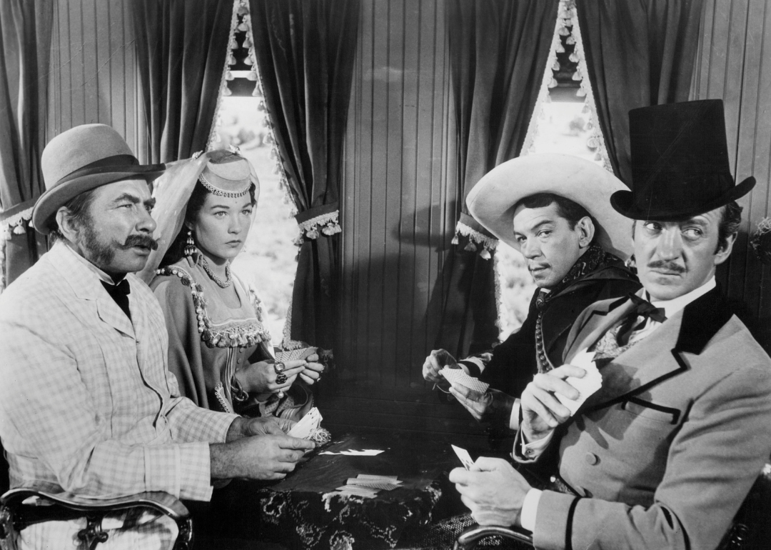 Actors Robert Newton and Shirley MacLaine, Cantinflas and David Niven in a scene from the film "Around The World In Eighty Days", 1956