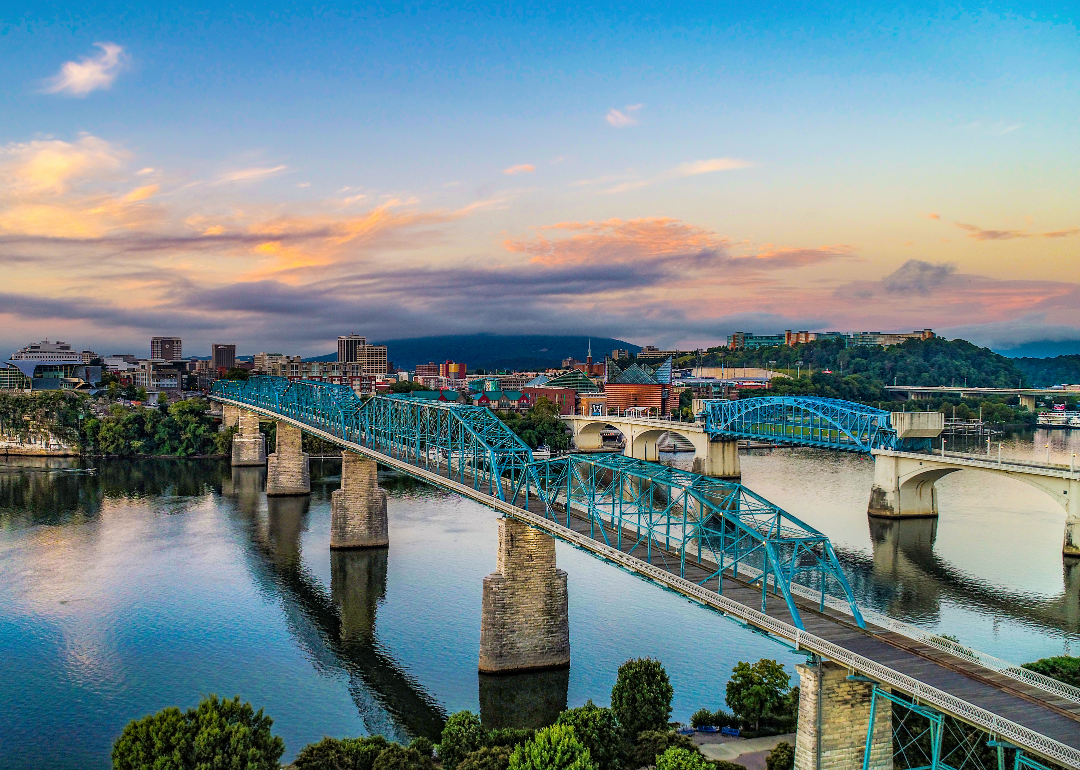 Aerial view of Downtown Chattanooga and a bridge over the Tennessee River. 
