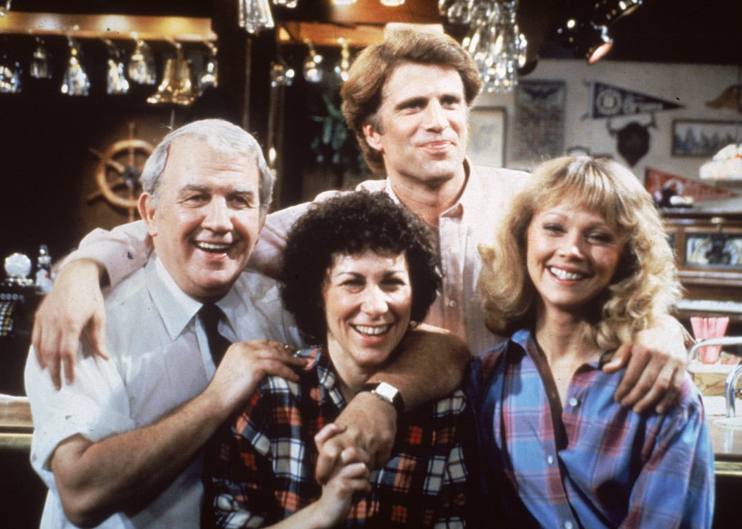 Actors Nicholas Colasanto, Rhea Perlman, Ted Danson, and Shelley Long on the set of 'Cheers.'