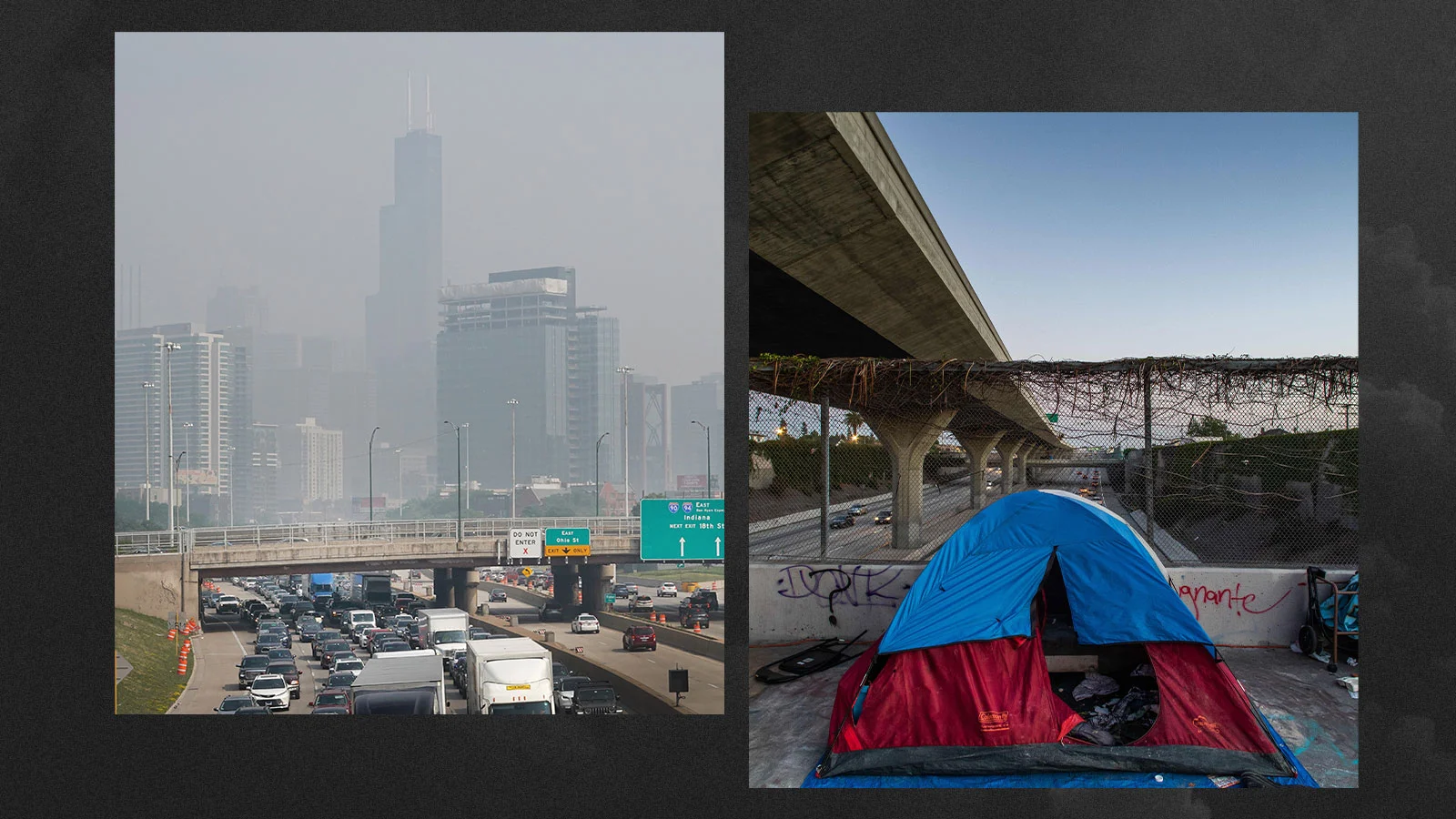 Two photos side by side, one of smoke and haze over a highway and cityscape, and the other of a tent under a highway overpass.