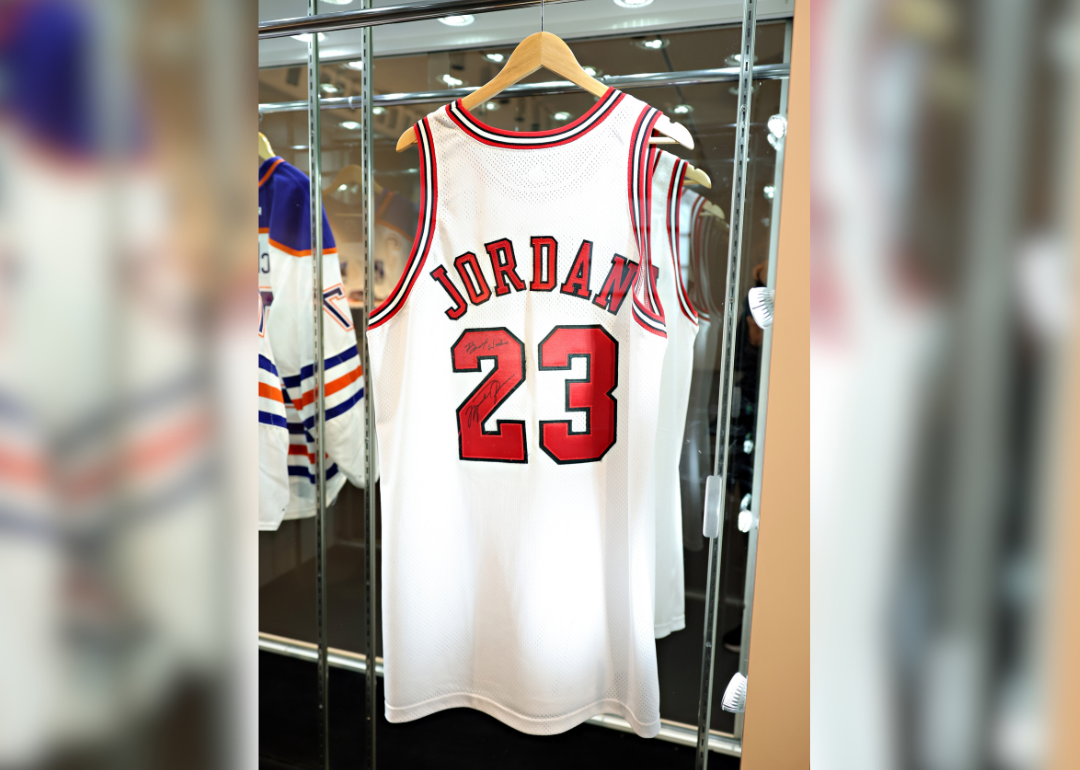 Michael Jordan's 1998 'The Last Dance' Chicago Bulls signed and game worn jersey is on display at Sotheby's.