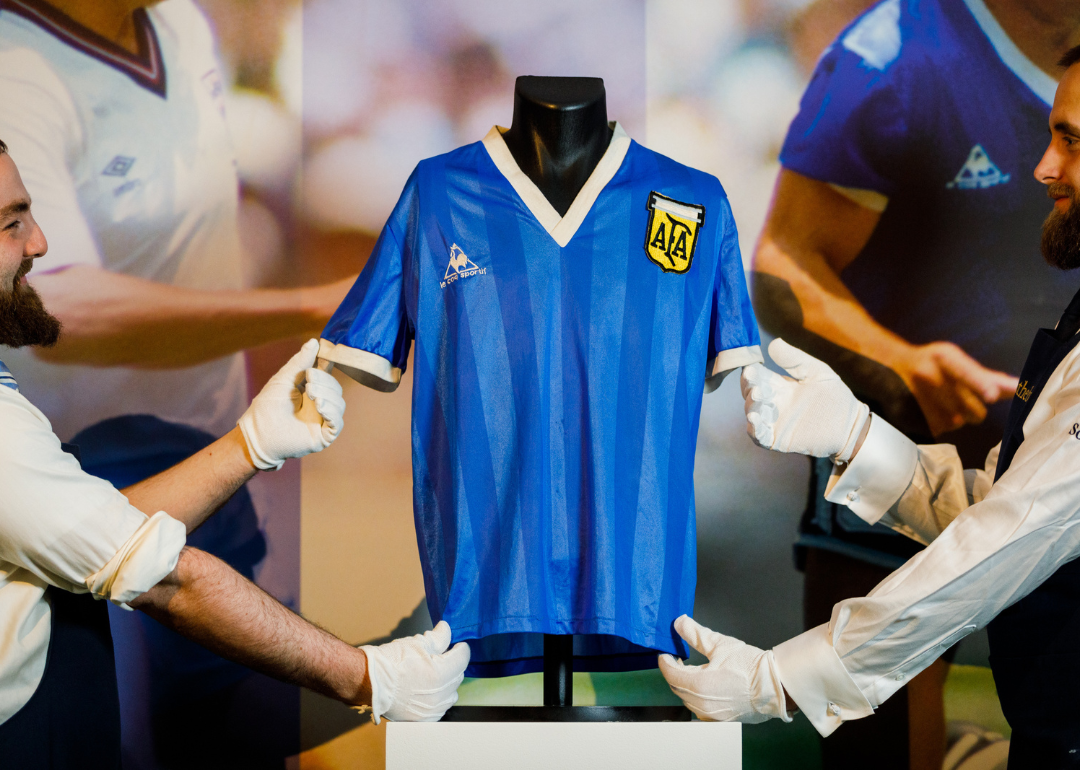Diego Maradona’s Historic 1986 World Cup Match-Worn Shirt on display at Sotheby’s.