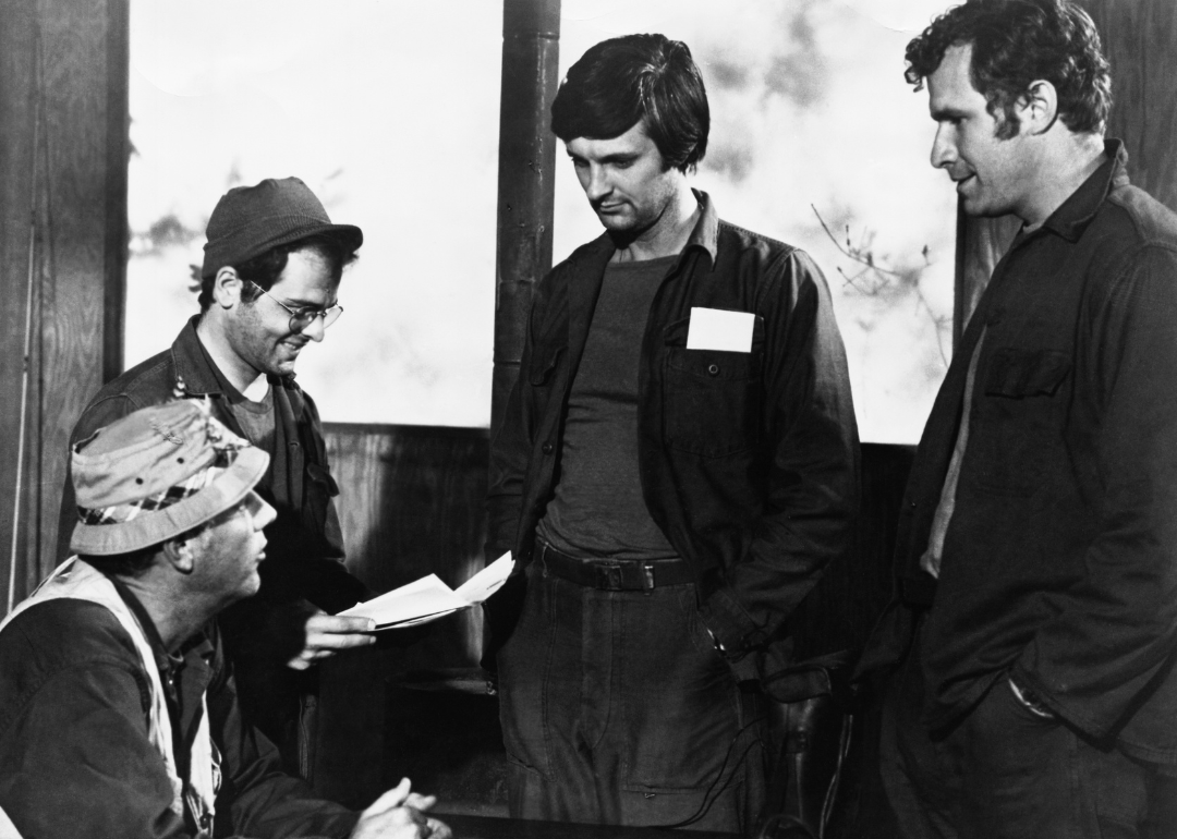 Actors in a scene from the television series, M*A*S*H—(L-R) McLean Stevenson as Lt. Colonel Henry Blake, Gary Burghoff as Corporal "Radar" O'Reilly, Alan Alda as Hawkeye Pierce, and Wayne Rogers as "Trapper" John McIntyre.