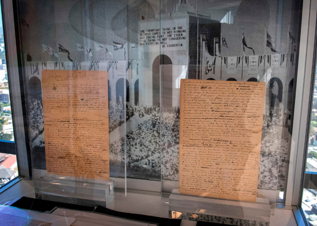 The original Olympic Games manifesto, written in 1892 by Pierre de Coubertin on display at Sotheby’s.
