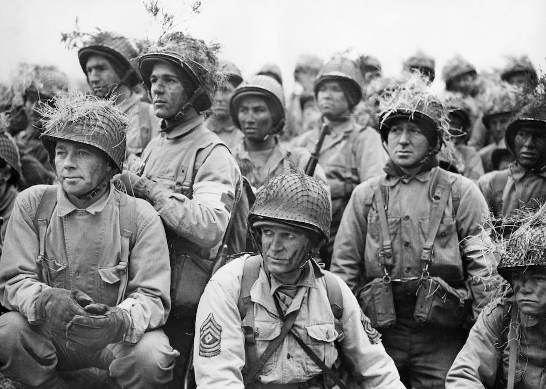 Allied paratroopers receive final instructions for the planned invasion on the Normandy coast in early June 1944.