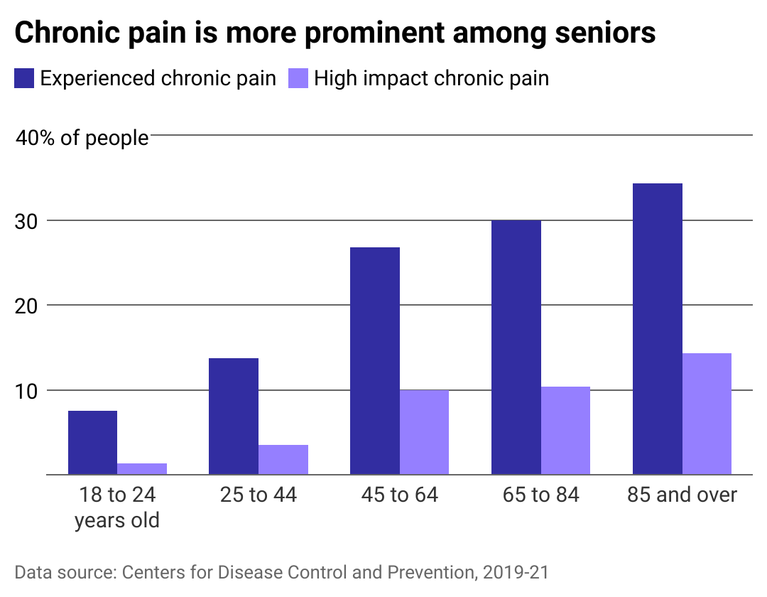 Grouped column chart showing chronic pain is most prevalent among older adults.
