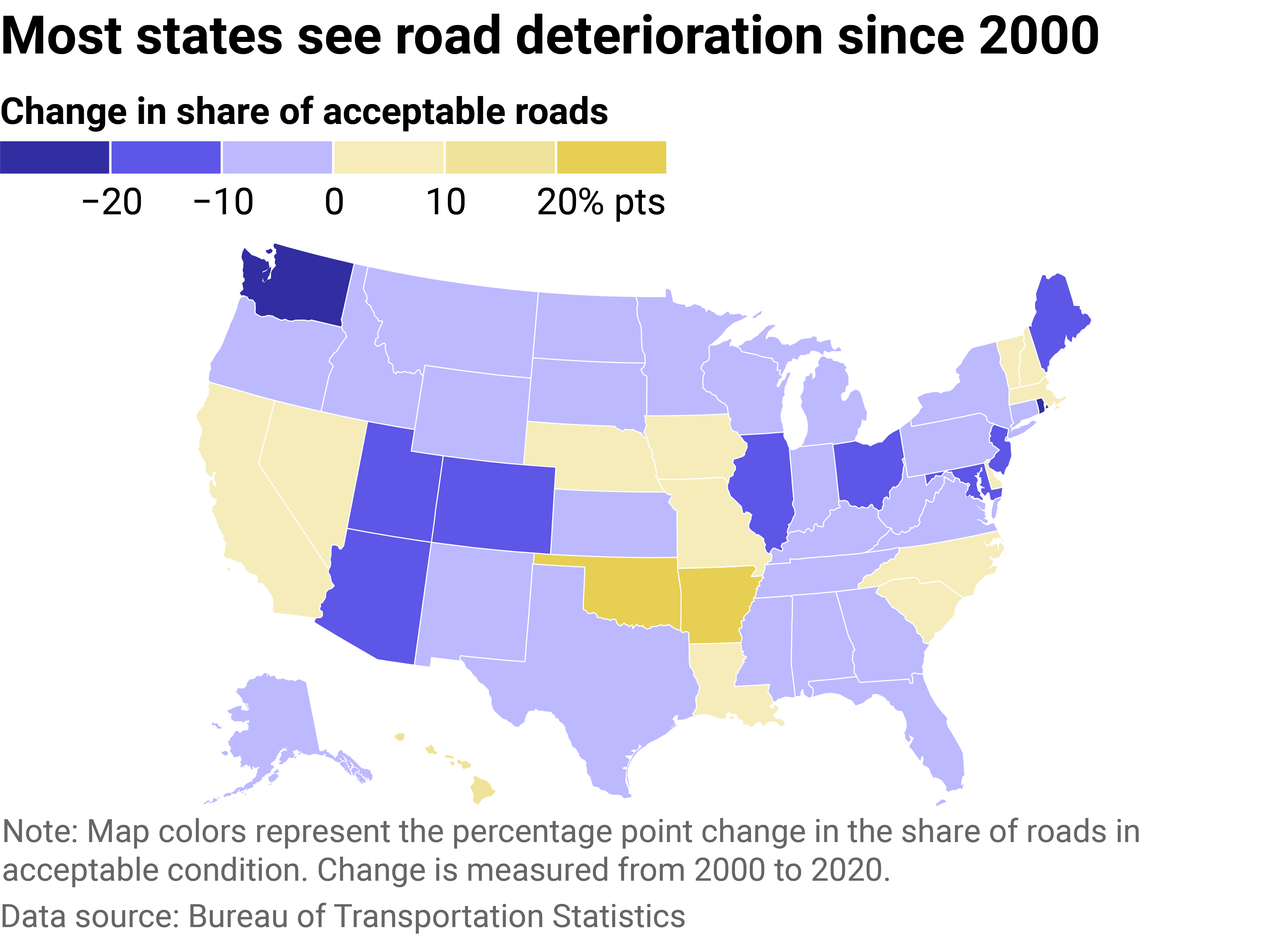 Map showing the change over time in the share of roads in each state that are considered in acceptable condition.