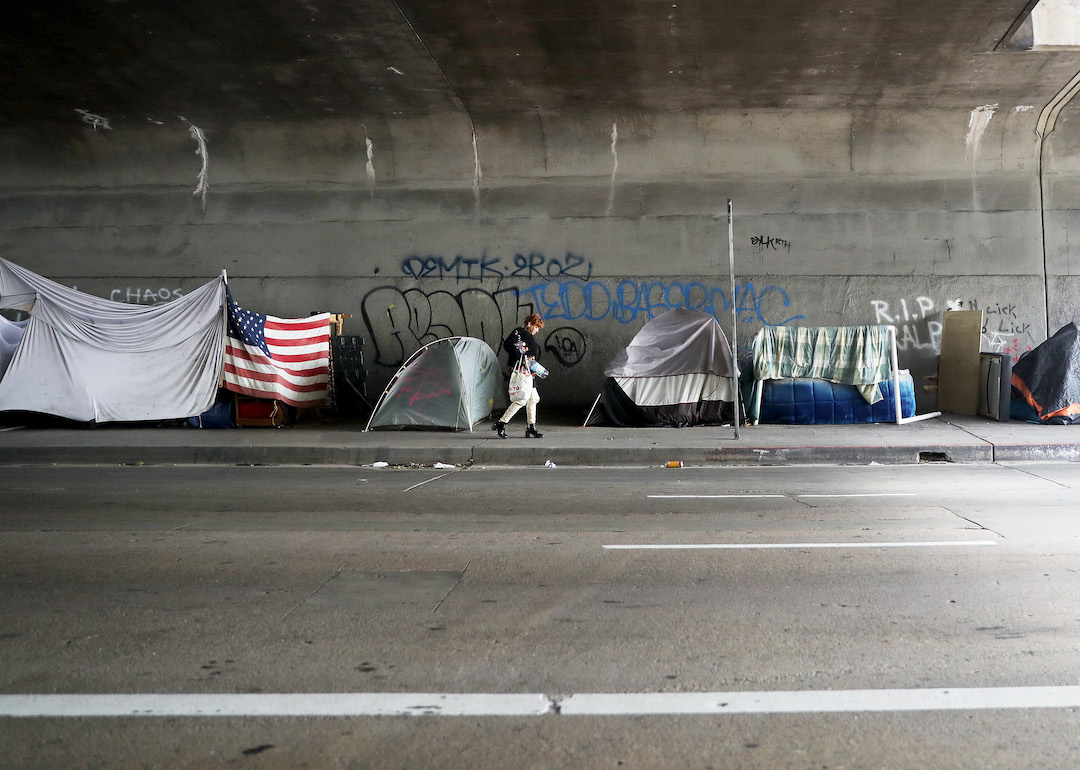 A person walks past a homeless encampment beneath an overpass, with an American flag displayed, in Los Angeles, California.