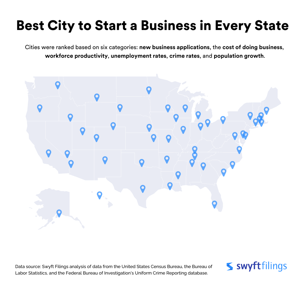 A national map of the Best City in Each State to Start a Business