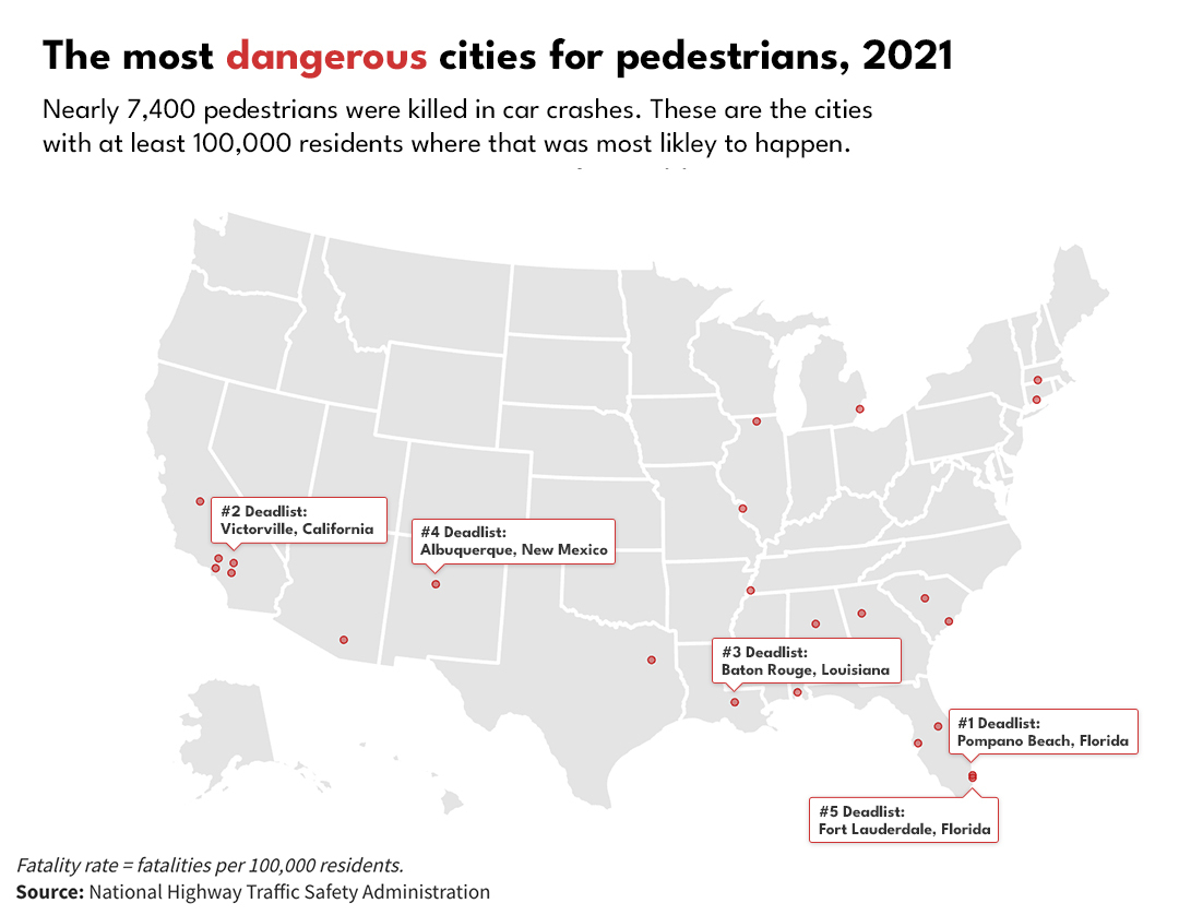 A US map of the dangerous cities for pedestrians, 2021