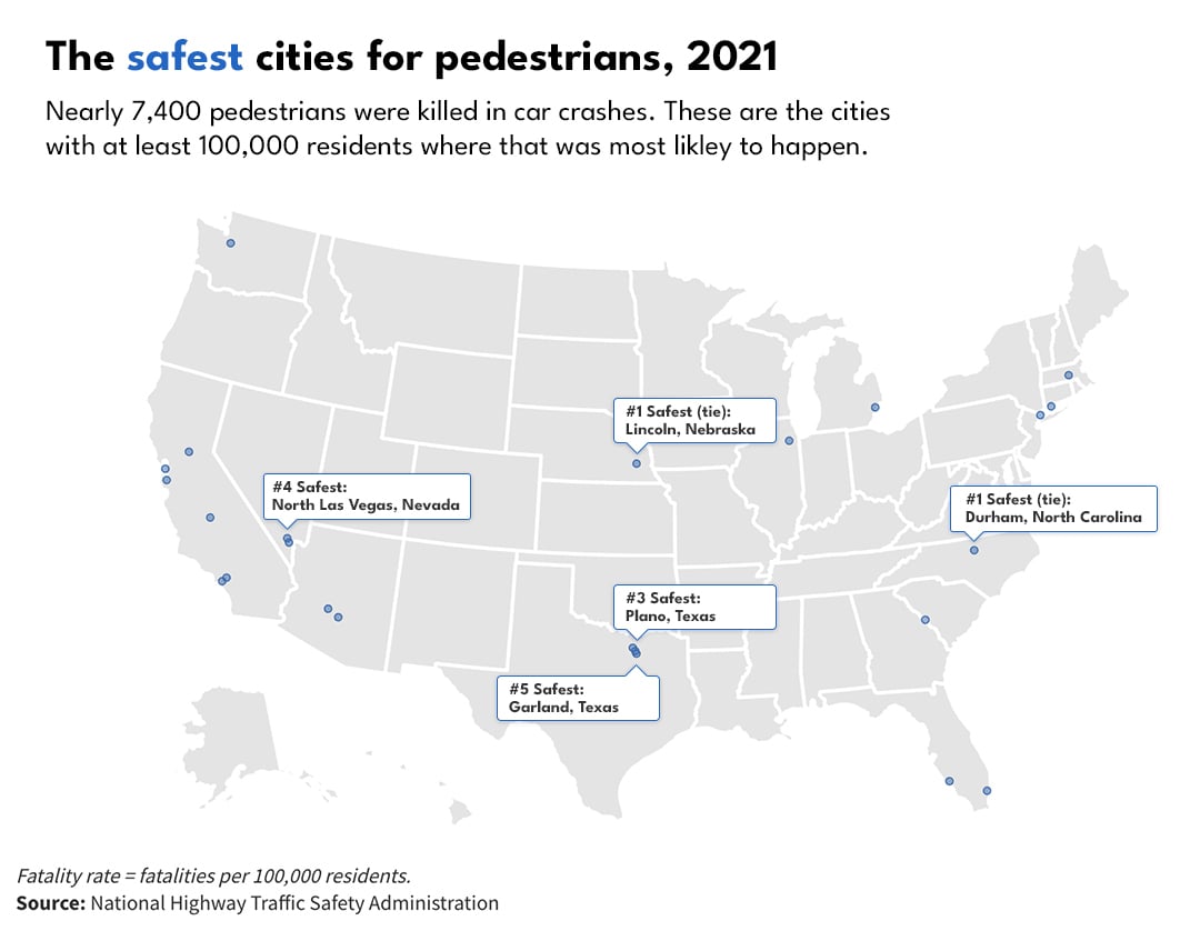 A US Map showing the 25 safest cities for pedestrians