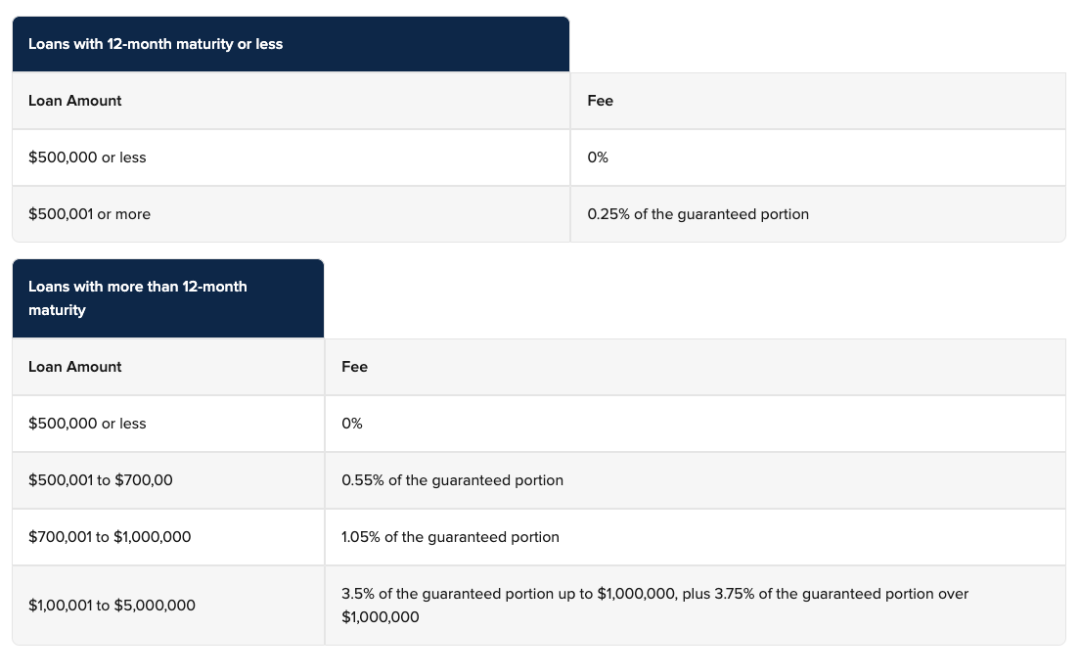 Charts outlining fees for 12 Month and more than 12 month maturity loans