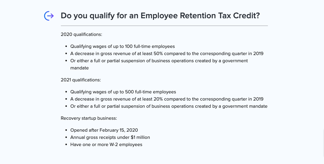 A graphic explaining the qualifications for the Employee Retention Credit
