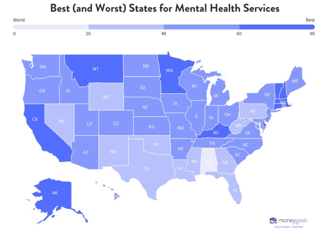 US map showing the Best (and Worst) States for Mental Health Services