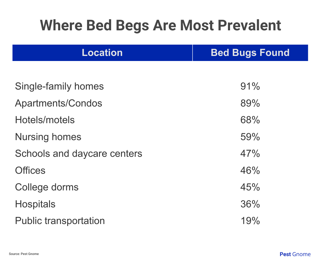 A chart showing Where you will find bed bugs