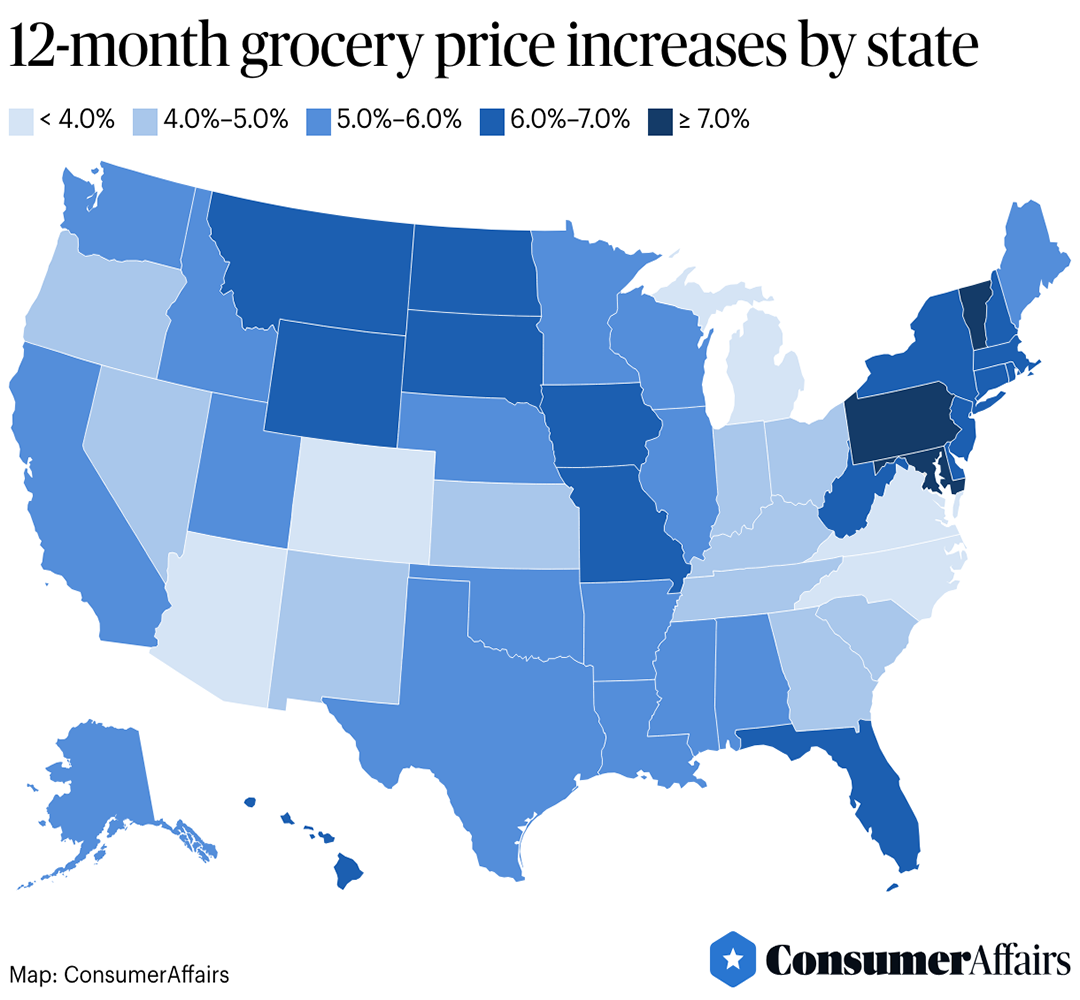 A US Map showing 12-month grocery price increases by state