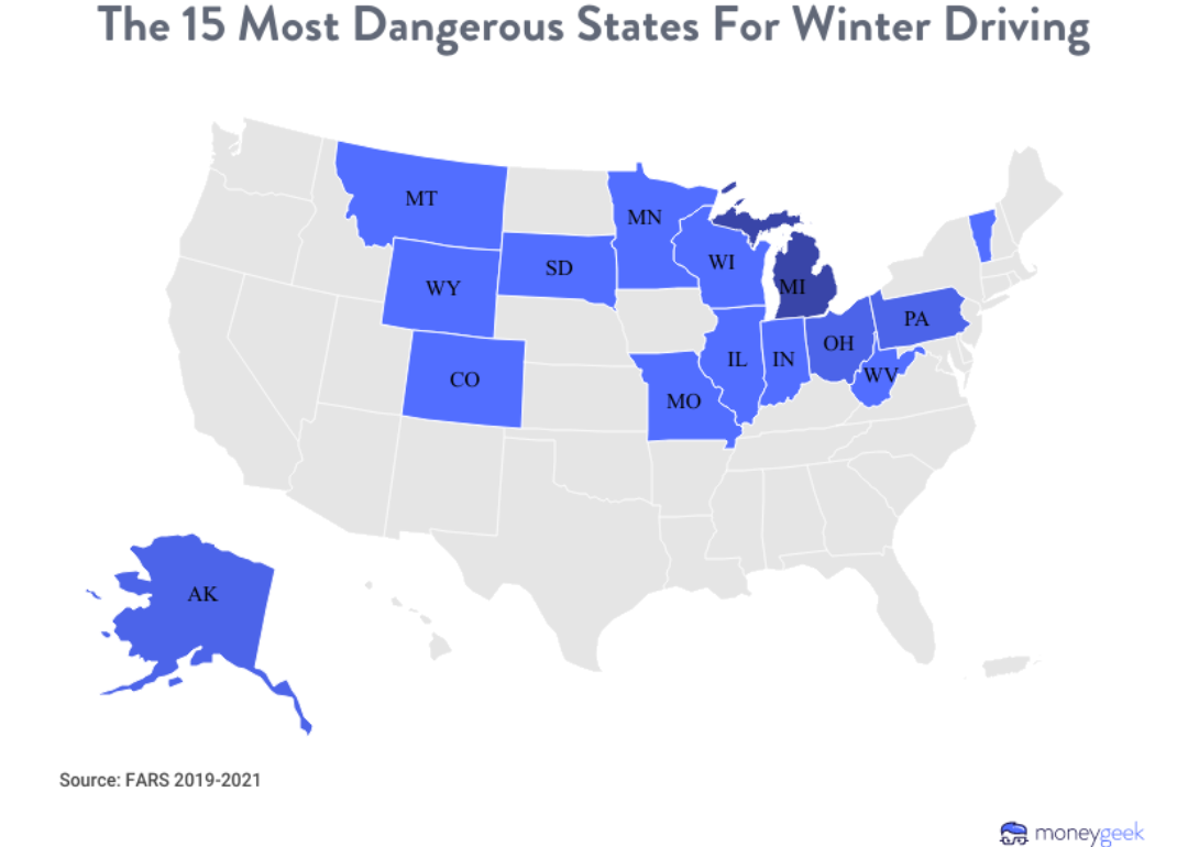 map showing The 15 Most Dangerous States For Winter Driving