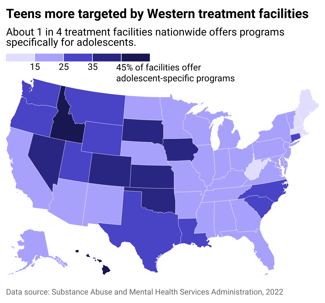 Map showing substance use disorder treatment facilities more often have programs for teens in Western states. About 1 in 4 treatment facilities nationwide offers programs specifically for adolescents.