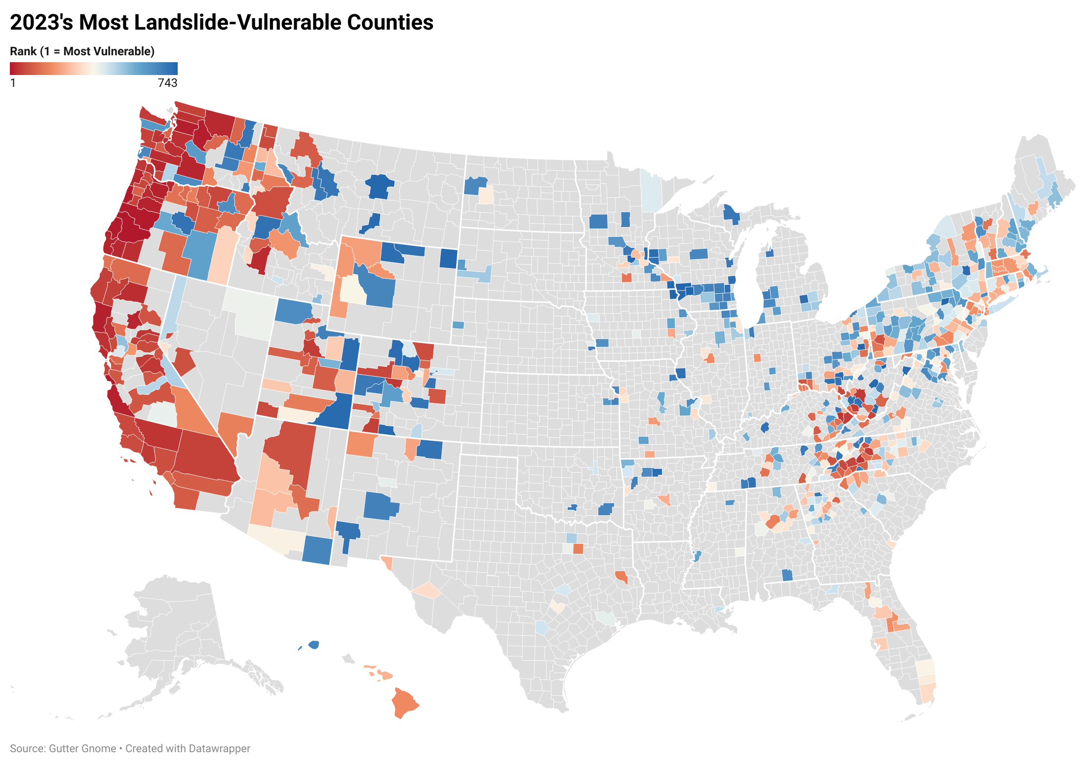 A US map showing 2023's Most Landslide-Vulnerable Counties