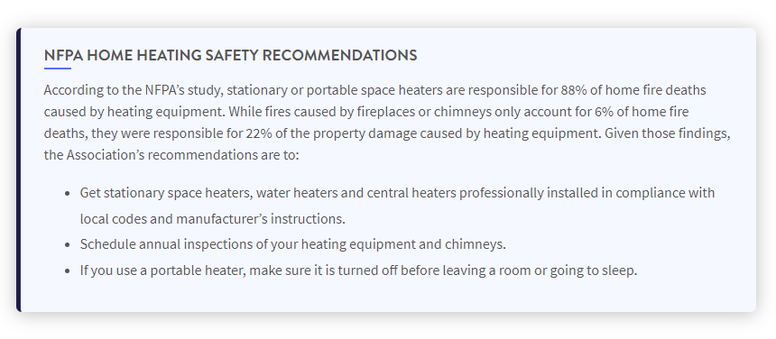 a text graph showing NFPA home heating safety recommendations