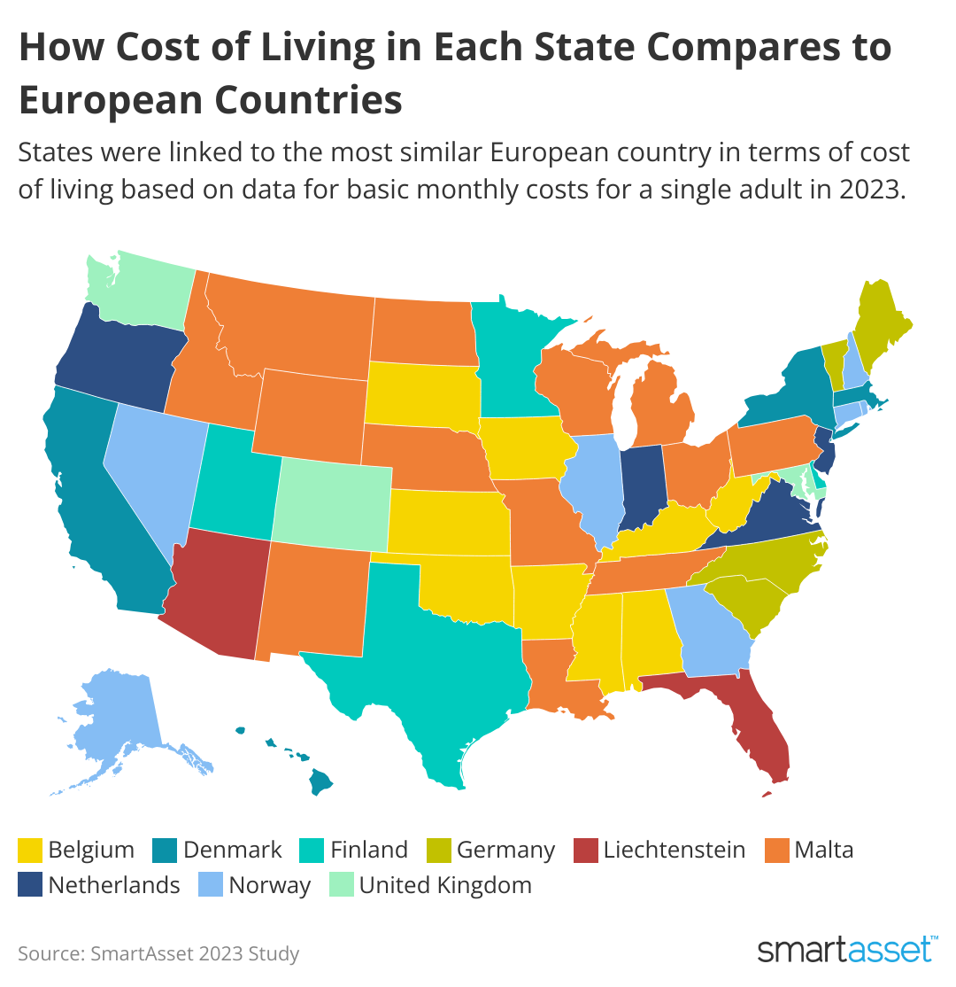 A color-coded US map showing How Cost of Living in Each State Compares to European Countries
