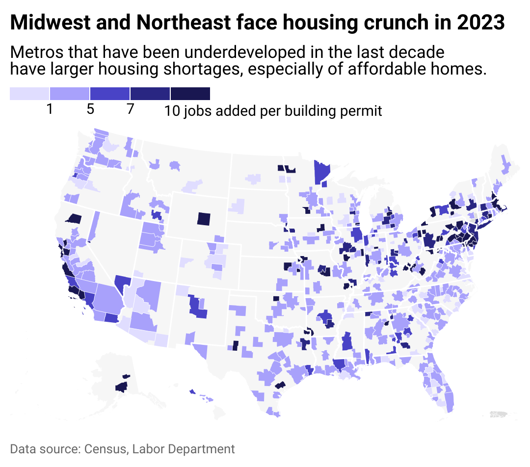 A heat map showing how the Midwest and Northeast fared during the housing crunch of 2023.