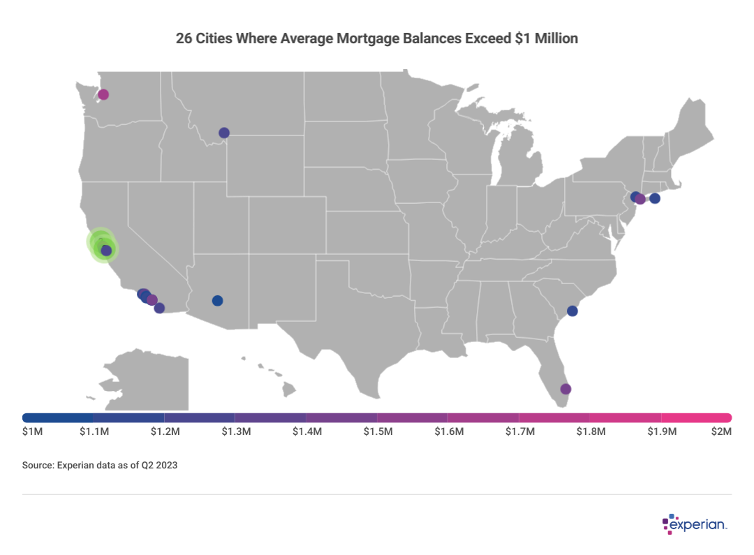 A map showing 26 Cities Where Average Mortgage Balances Exceed $1 Million